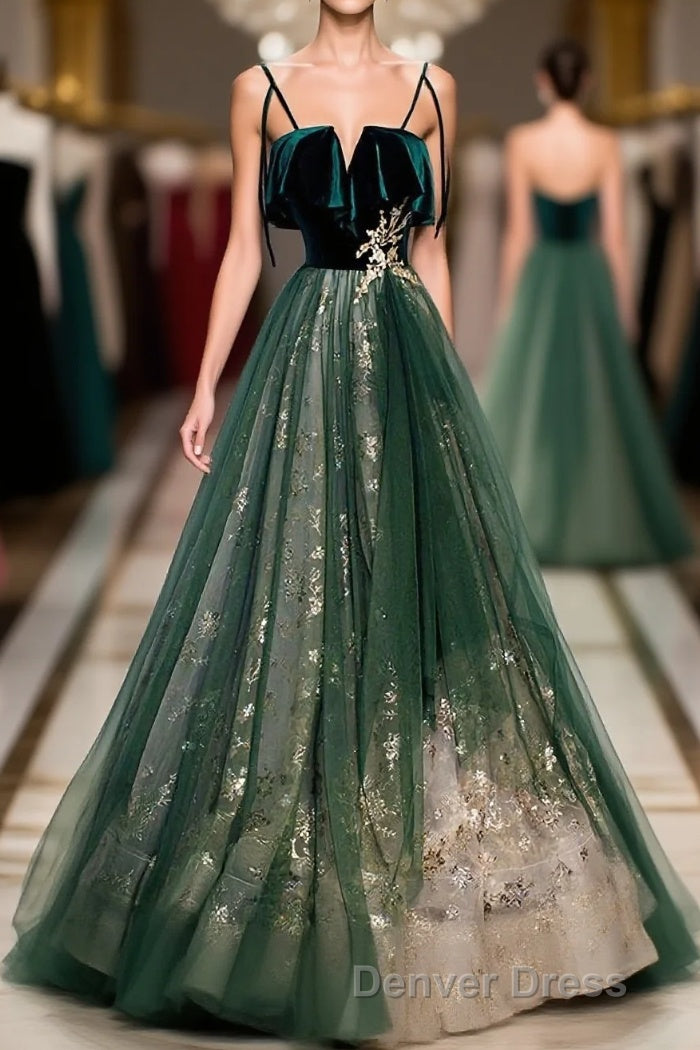 Green Tulle Lace Long Prom Dresses, Green Tulle Lace Formal Dresses, 1 Main image