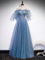 Blue Sweetheart Tulle Sequin Long Prom Dress, Blue Prom Dresses, 1