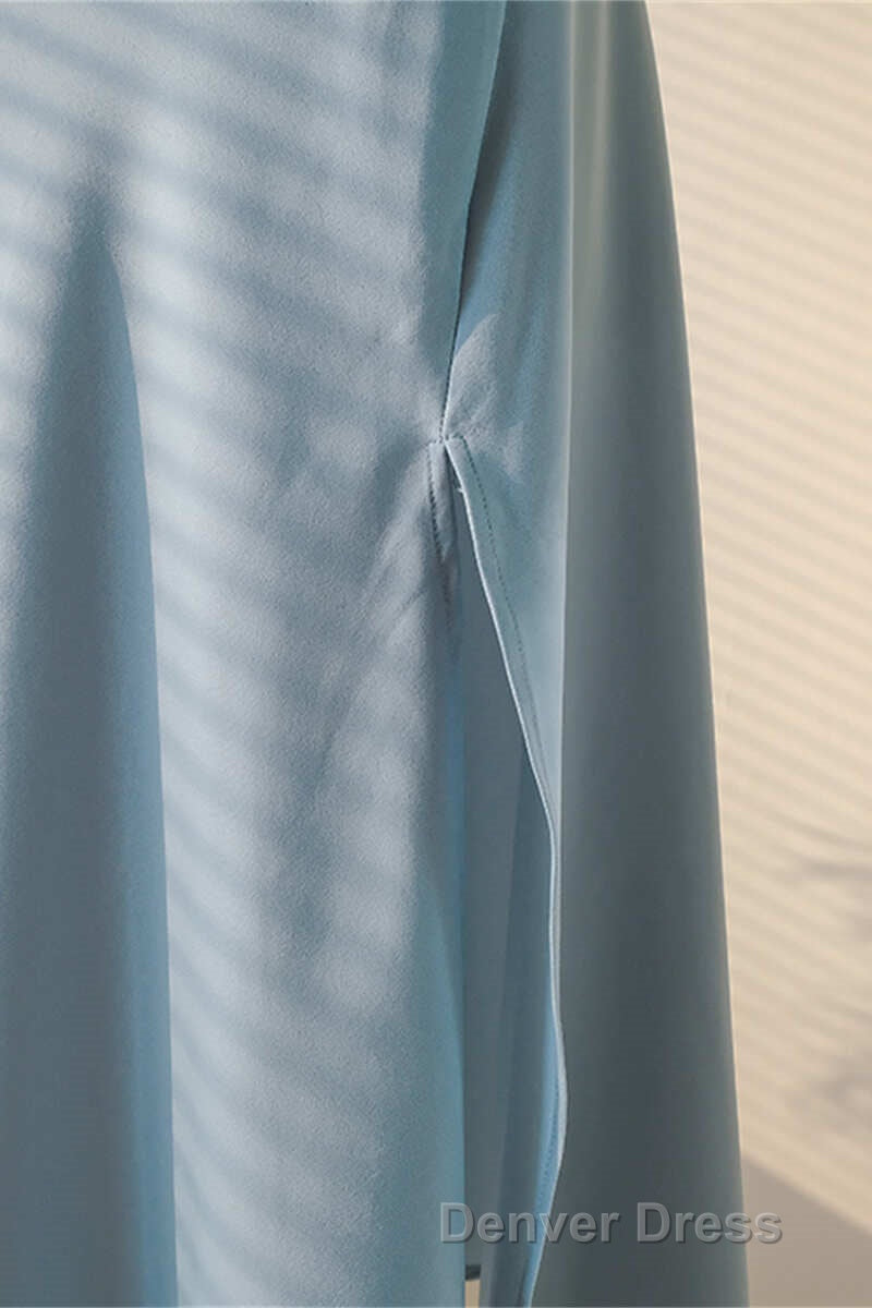 Ice Blue Cowl Neck Mid Calf Length Bridesmaid Dresses