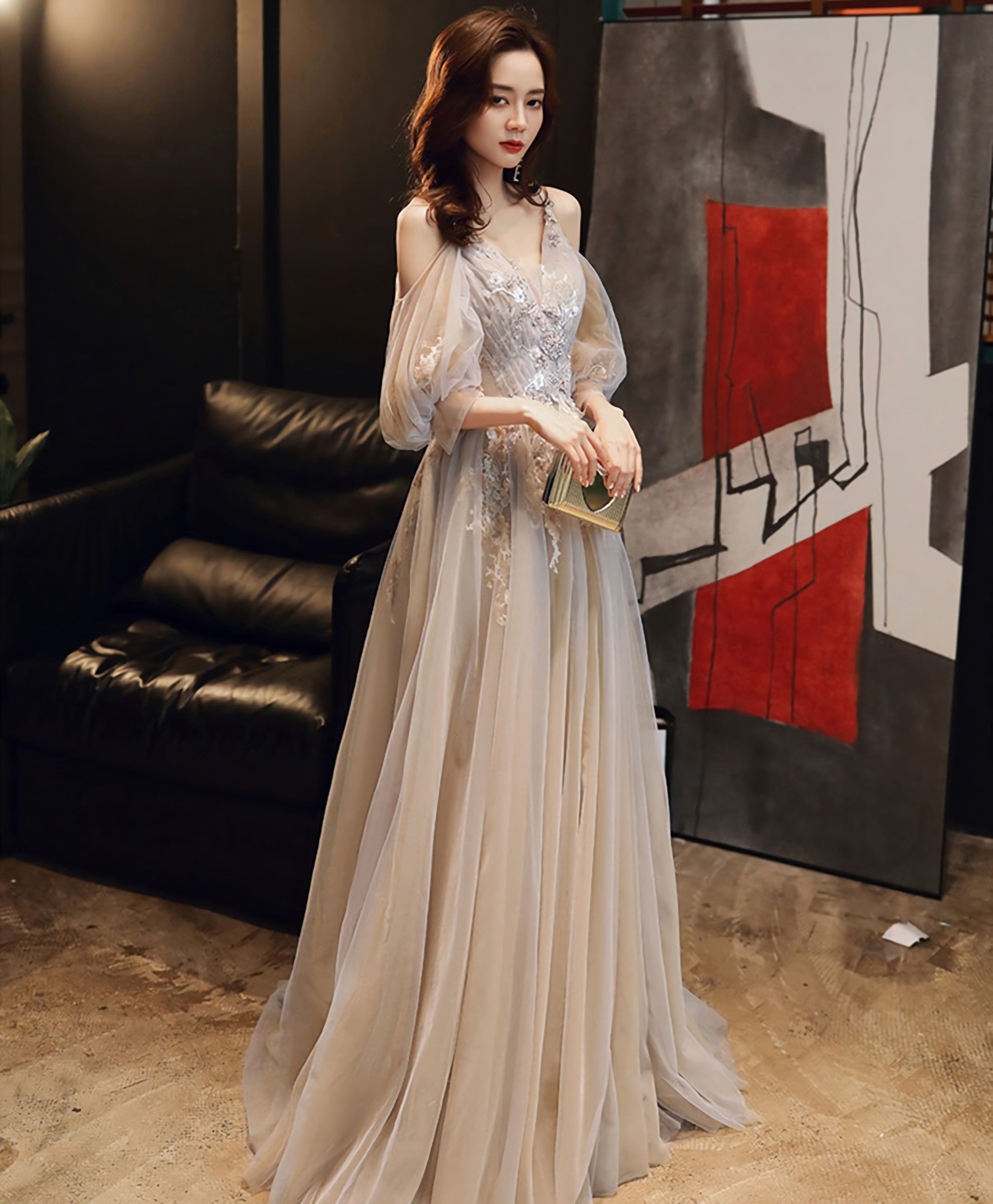 Champagne V Neck Tulle Lace Long Prom Dress Champagne Prom Dresses
