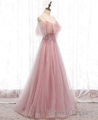 Pink Sweetheart Tulle Long Prom Dress, Pink Tulle Prom Dresses, 1