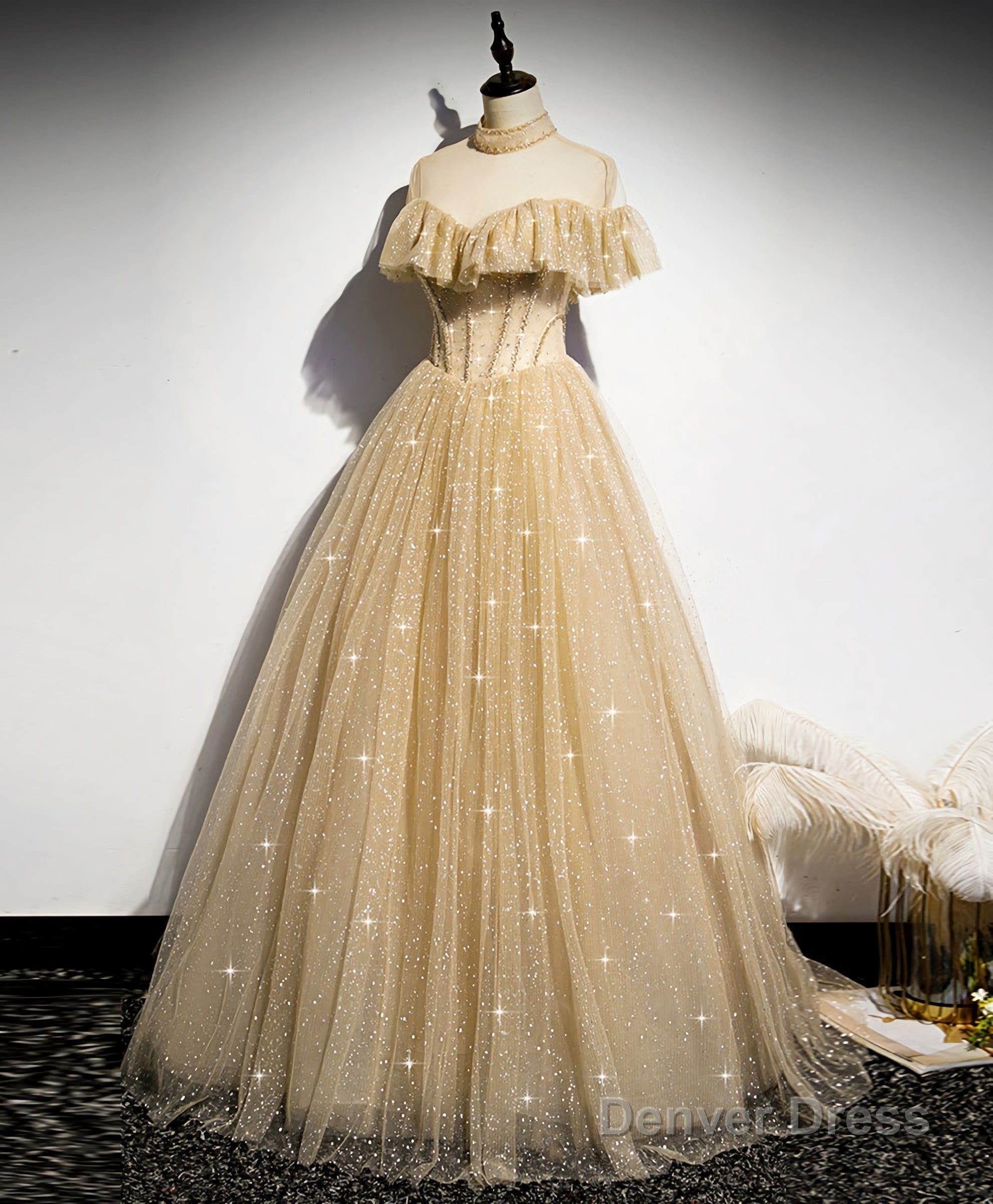 Gold Tulle Sequin Long Prom Dress, Gold Tulle Bridesmaid Dresses