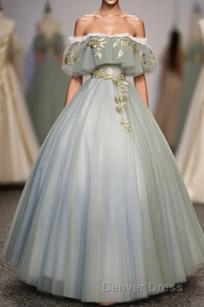 Green Tulle Lace Long Prom Dresses, Green Tulle Sweetheart Dresses