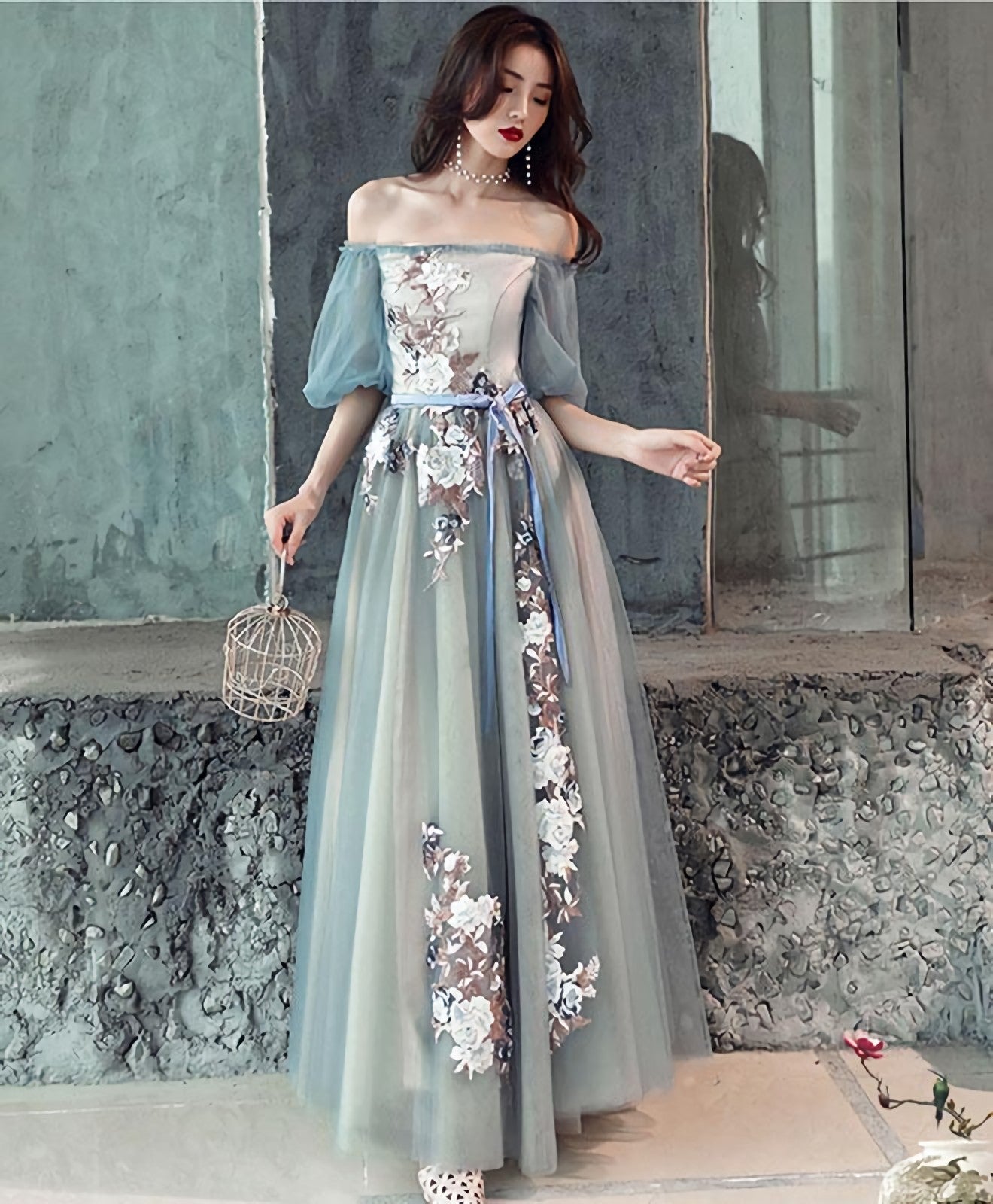 Gray Blue Tulle Lace Long Prom Dress Gray Blue Prom Dresses
