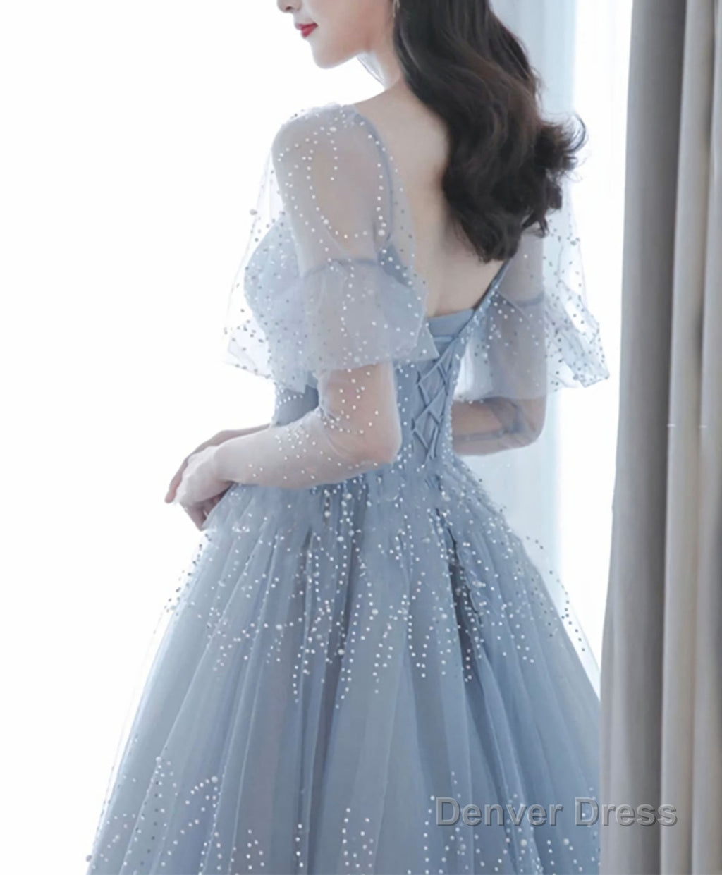Blue V Neck Tulle Sequin Long Prom Dress, Blue Tulle Prom Dresses, 1