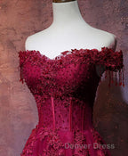 Burgundy Tulle Lace Off Shoulder Long Prom Dress, Burgundy Lace Prom Dresses