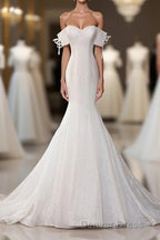 White Sequin Mermaid Long Prom Dresses, White Wedding Dresses