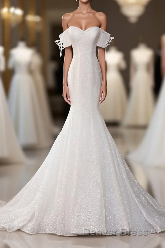 White Sequin Mermaid Long Prom Dresses, White Wedding Dresses