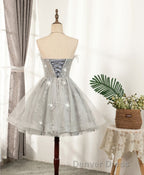 Gray Sweetheart Lace Tulle Short Prom Dress, Gray Cocktail Dresses