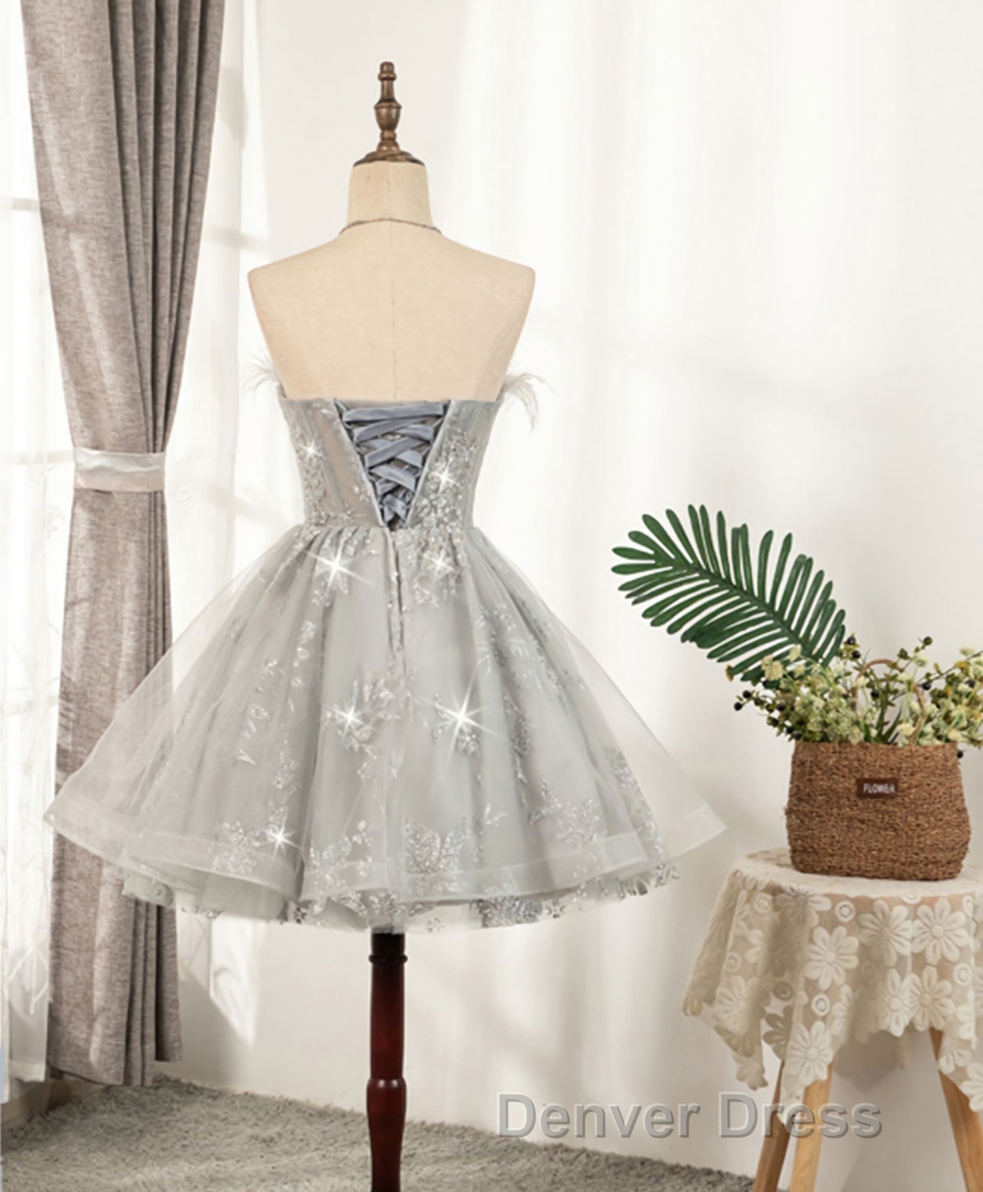 Gray Sweetheart Lace Tulle Short Prom Dress, Gray Cocktail Dresses