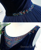 Dark Blue Tulle Long Prom Dresses, Dark Blue Tulle Evening Dresses