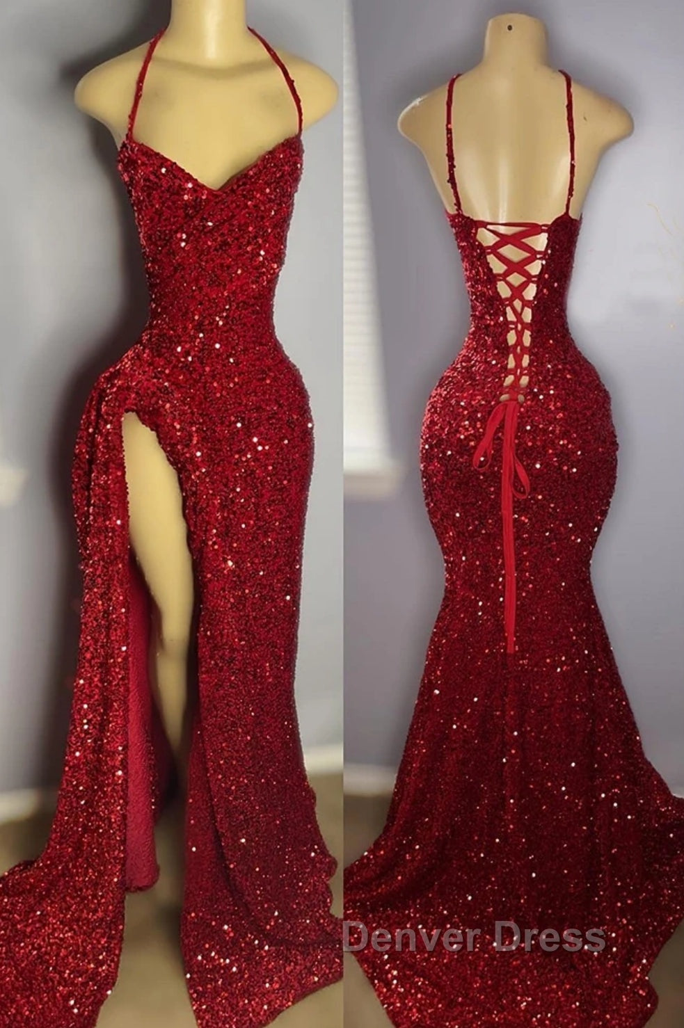Halter Burgundy High Split Floor Length Prom Dresses Secondary image
