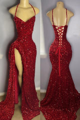 Halter Burgundy High Split Floor Length Prom Dress