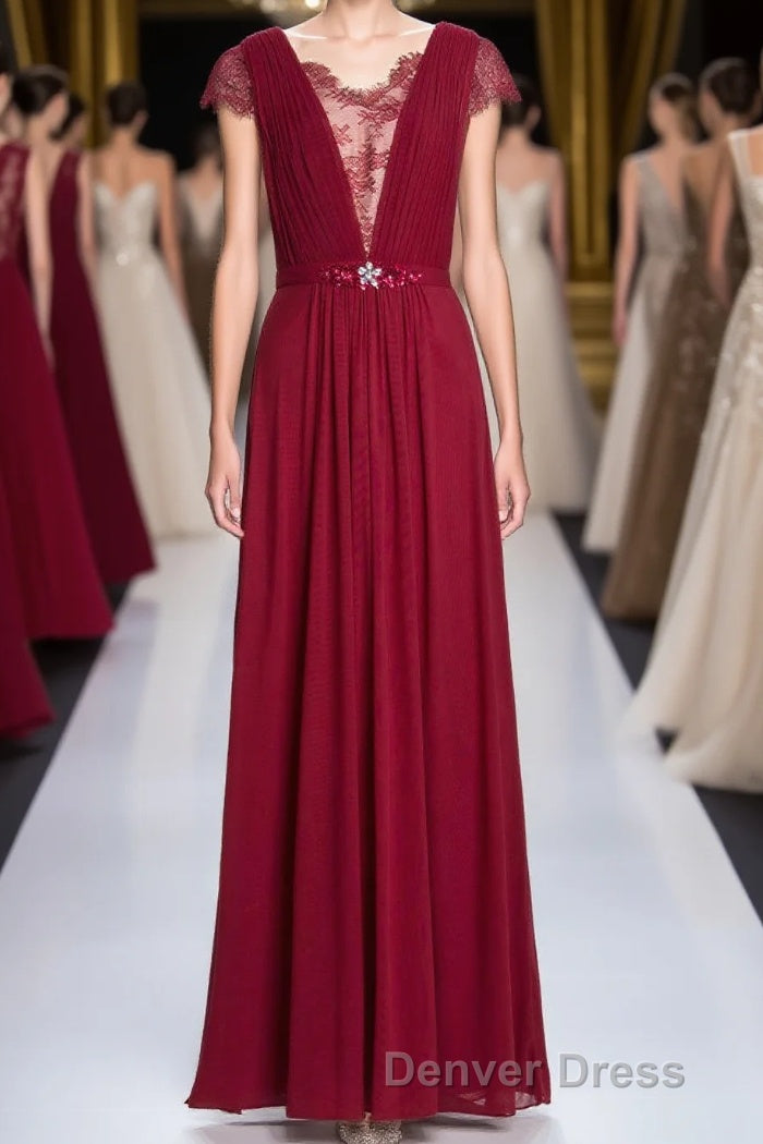 Wine Red A Line Chiffon Long Bridesmaid Dresses with Cap Sleeves Main image