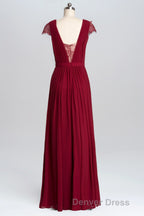 Wine Red A-line Chiffon Long Bridesmaid Dresses with Cap Sleeves