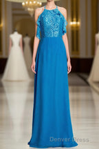 Blue A Line Lace and Chiffon Full Length Bridesmaid Dresses