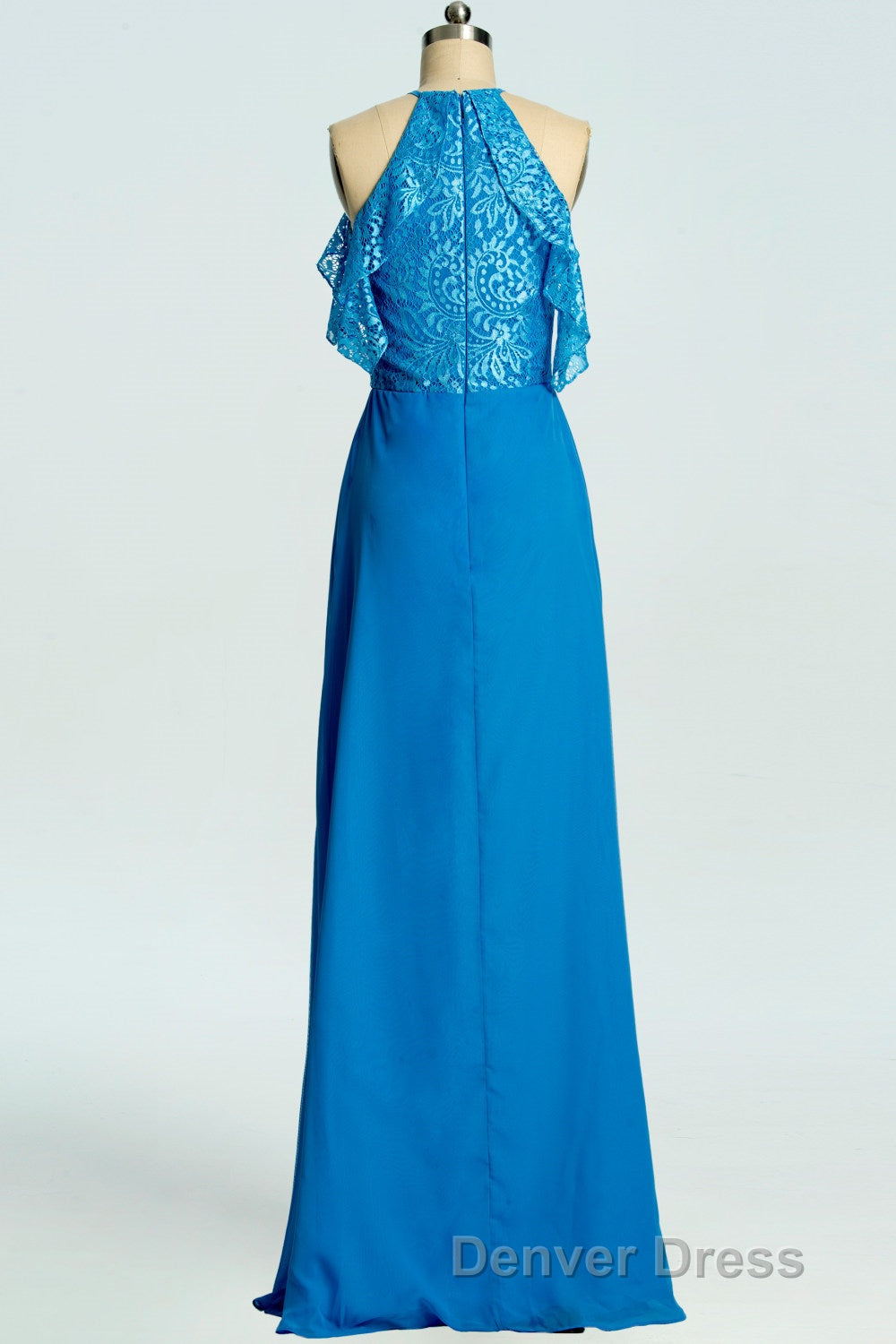 Blue A Line Lace and Chiffon Full Length Bridesmaid Dresses