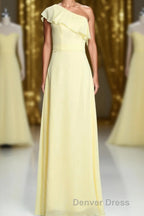 One Shoulder Yellow Ruffles A Line Long Bridesmaid Dresses