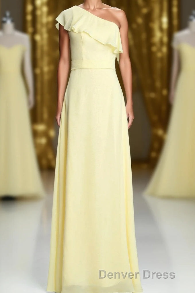 One Shoulder Yellow Ruffles A Line Long Bridesmaid Dresses