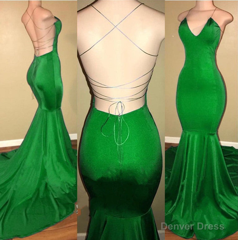 Sexy Mermaid Green Backless Criss Cross V Neck Elastic Satin Prom Dresses Main image