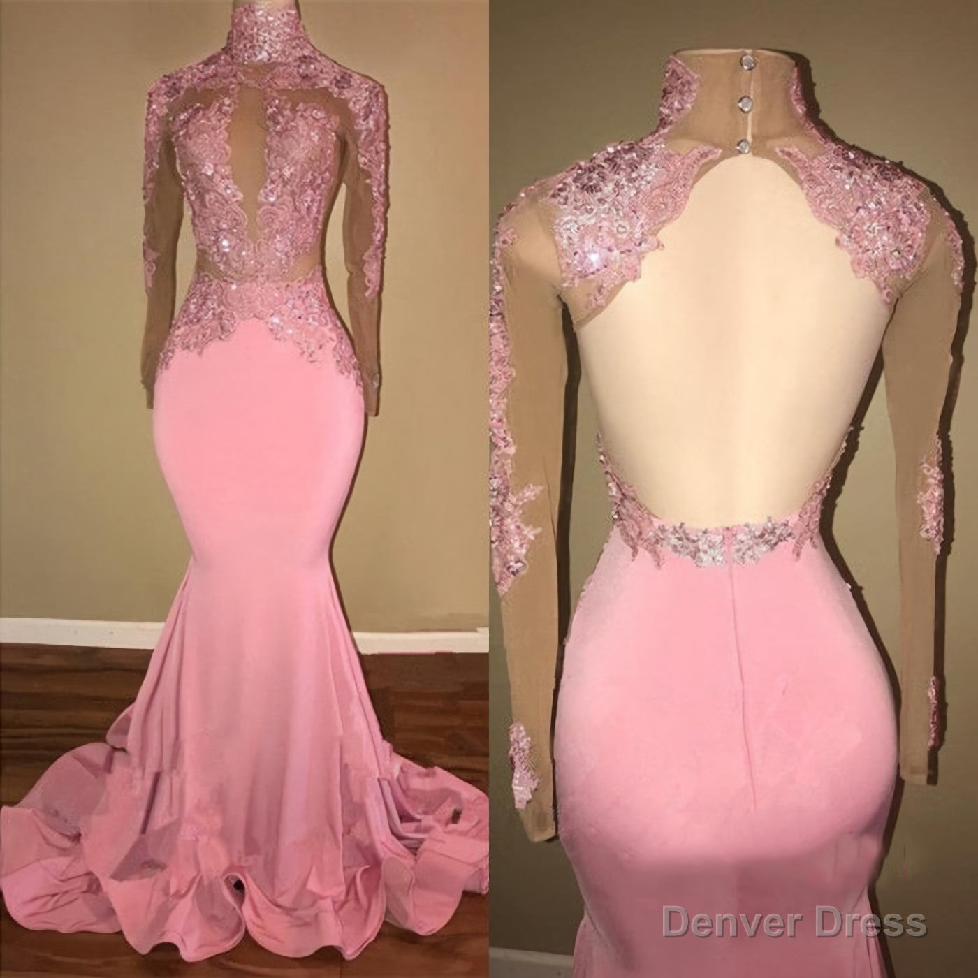 Alluring Pink Mermaid Long Sleeves Backless Elastic Satin Open Front High Neck 2025 Prom Dresses