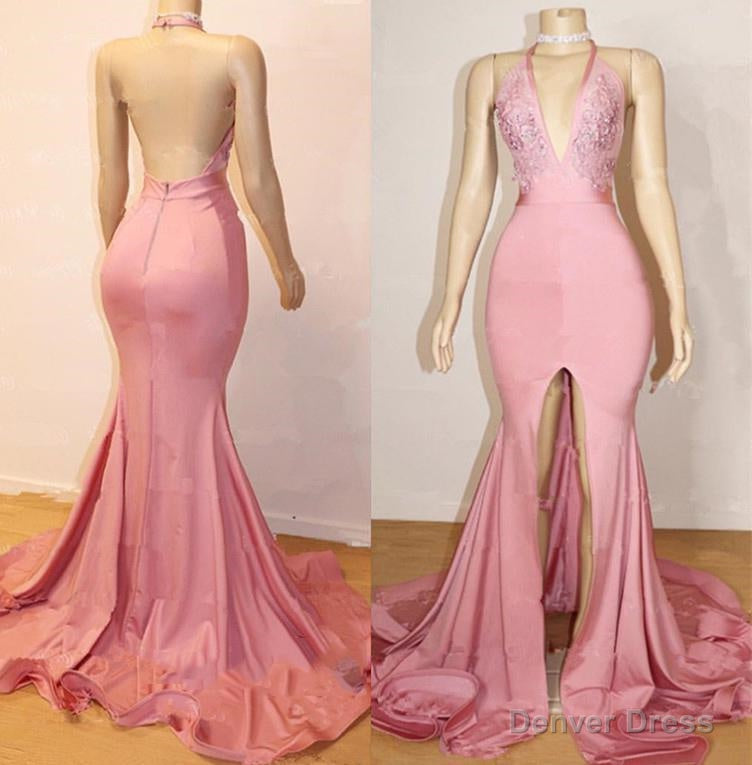 Sheath Pink Side Slit V Neck Backless Long High Waist Prom Dresses Main image
