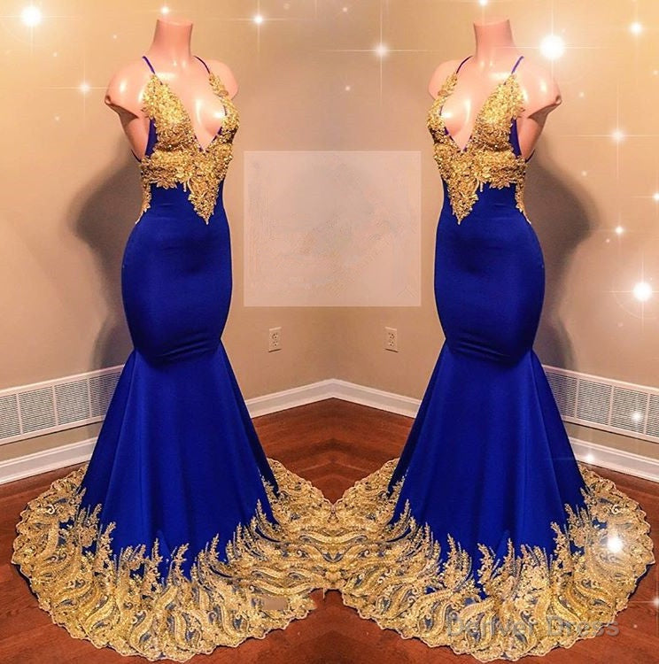 Amazing Royal Blue Mermaid With Gold Appliques Sweetheart Spaghetti Straps Backless Prom Dresses Main image