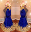 Amazing Royal Blue Mermaid With Gold Appliques Sweetheart Spaghetti Straps Backless Prom Dresses