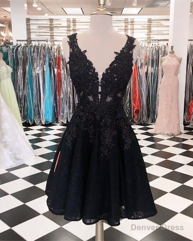 Cheap Black A Line Knee Length V Neck Lace Short Prom Dresses