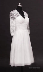 2026 A Line Cheap V Neck Long Sleeves Chiffon Knee Length Short Lace Wedding Dresses