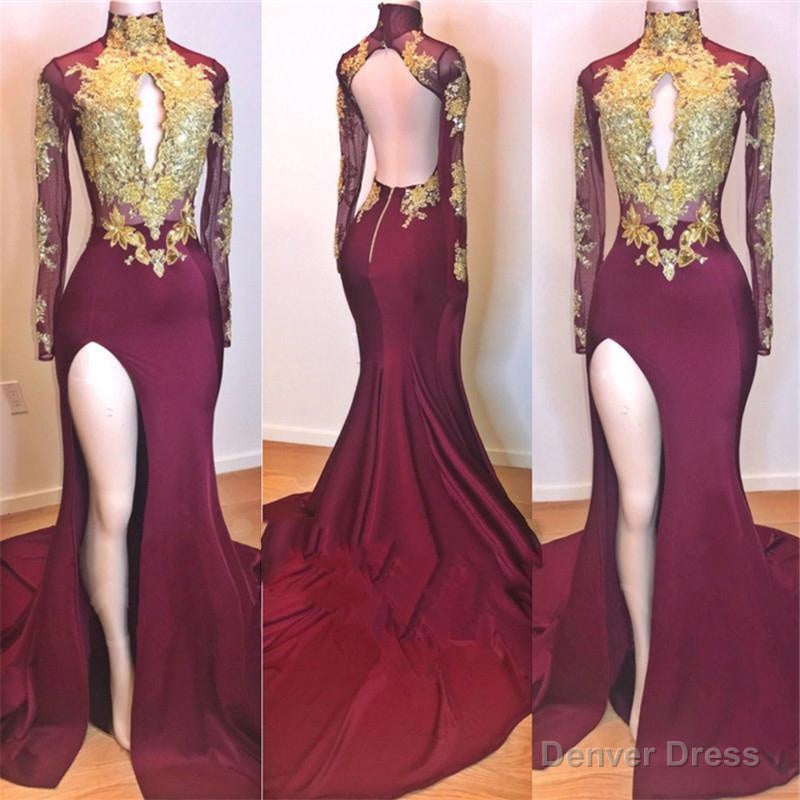 2025 Amazing Burgundy and Gold Appliques Long Sleeves High Neck Side Slit African American Prom Dresses
