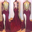 2025 Amazing Burgundy and Gold Appliques Long Sleeves High Neck Side Slit African American Prom Dresses