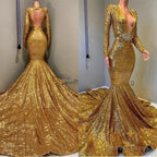 2026 Sexy Mermaid Gold V Neck Backless Long Sleeves Sequence African American Prom Dresses