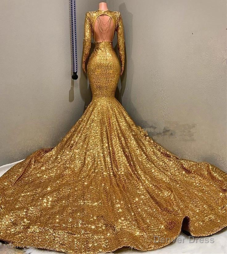 2026 Sexy Mermaid Gold V Neck Backless Long Sleeves Sequence African American Prom Dresses Main image