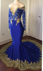 2026 Sexy Mermaid Royal Blue And Gold Appliques Long Sleeves V Neck Off Shoulder Prom Dresses