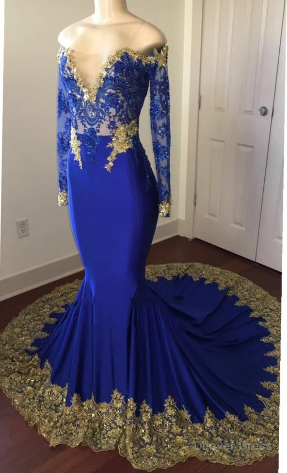 2026 Sexy Mermaid Royal Blue And Gold Appliques Long Sleeves V Neck Off Shoulder Prom Dresses