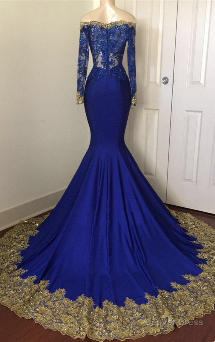 2026 Sexy Mermaid Royal Blue And Gold Appliques Long Sleeves V Neck Off Shoulder Prom Dresses
