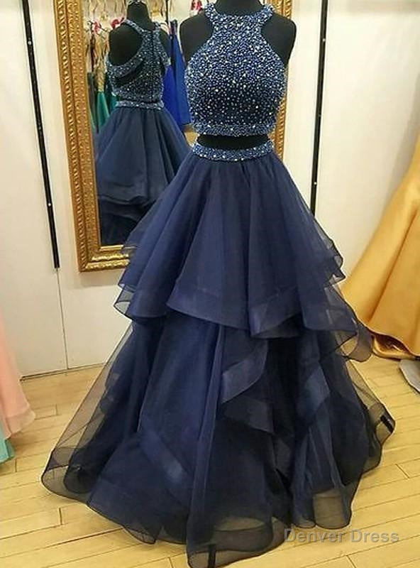 2025 Cheap A Line Ruffles Tulle Navy Blue High Neck Two Pieces Prom Dress Main image