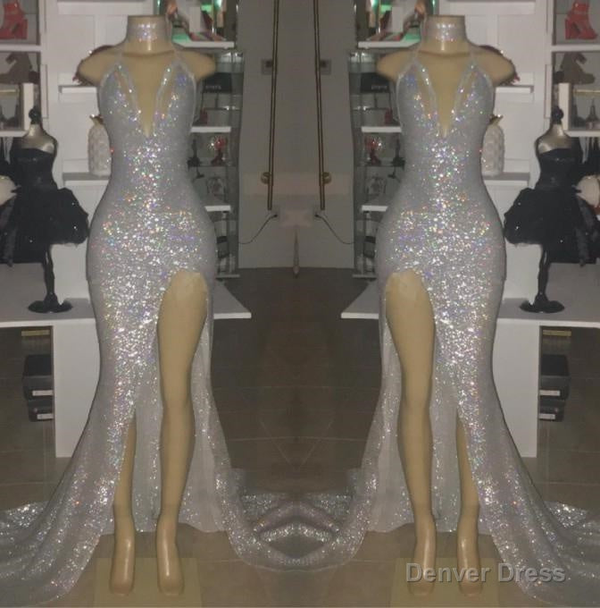 2026 Sexy Silver Halter V Neck Side Split Sequins Prom Dresses