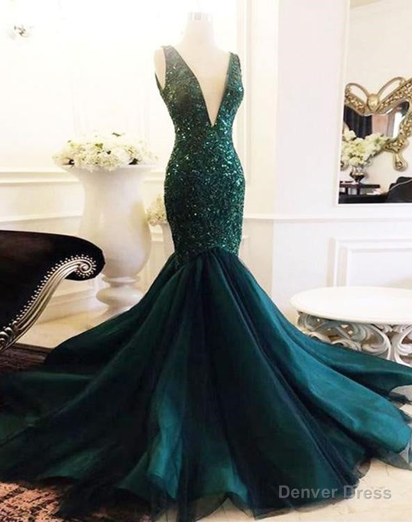 2025 Unique Dark-Green Sequins Beaded V Neck Sleeveless Tulle Mermaid/Trumpet Prom Dresses Main image