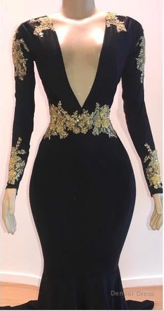 2026 Black Mermaid Trumpet Long Sleeve V Neck Applique Elastic Satin Prom Dresses Main image