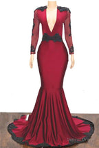 2026 Elegant Mermaid Trumpet V Neck Long Sleeve Applique Beaded Backless Satin Prom Dresses