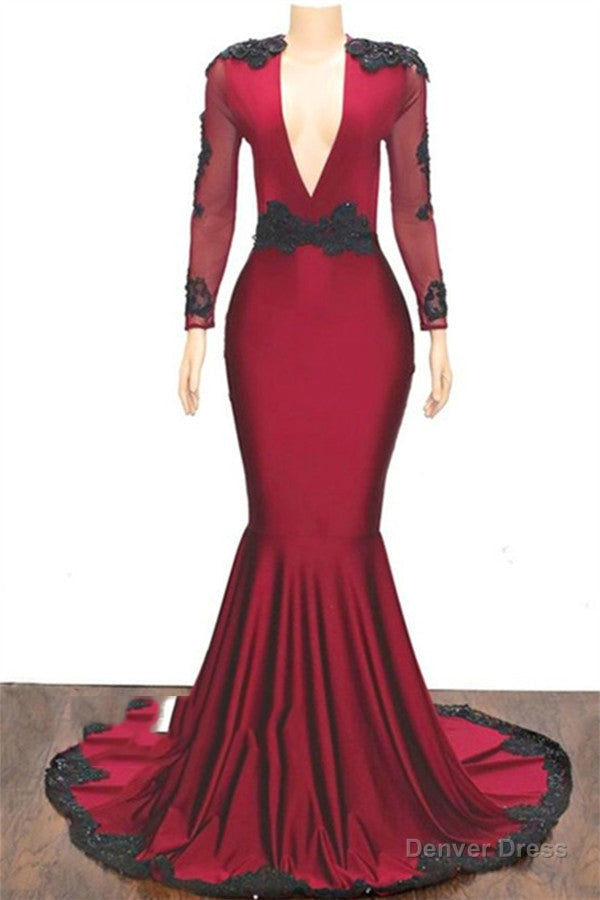 2026 Elegant Mermaid Trumpet V Neck Long Sleeve Applique Beaded Backless Satin Prom Dresses