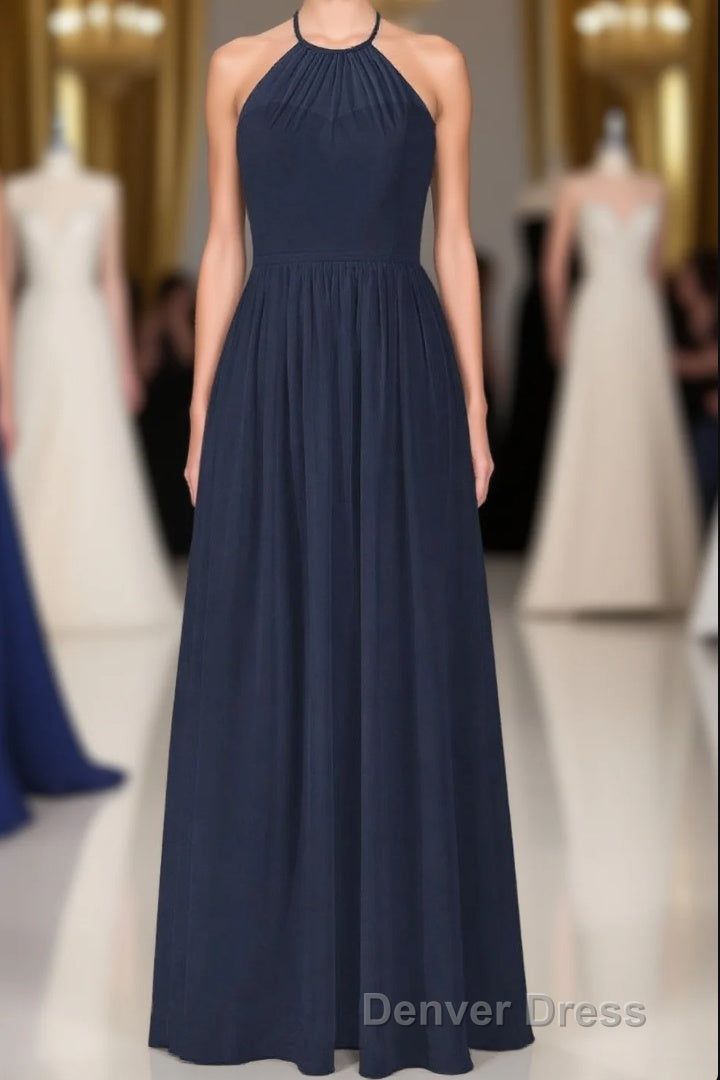 Elegant Navy Blue Chiffon A Line Long Bridesmaid Dresses Main image