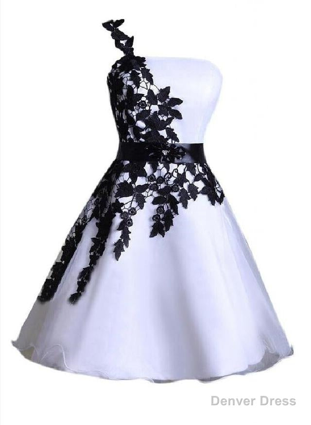 A Line One Shoulder Lace Up White Satin Appliques Flowers Homecoming Dresses Main image