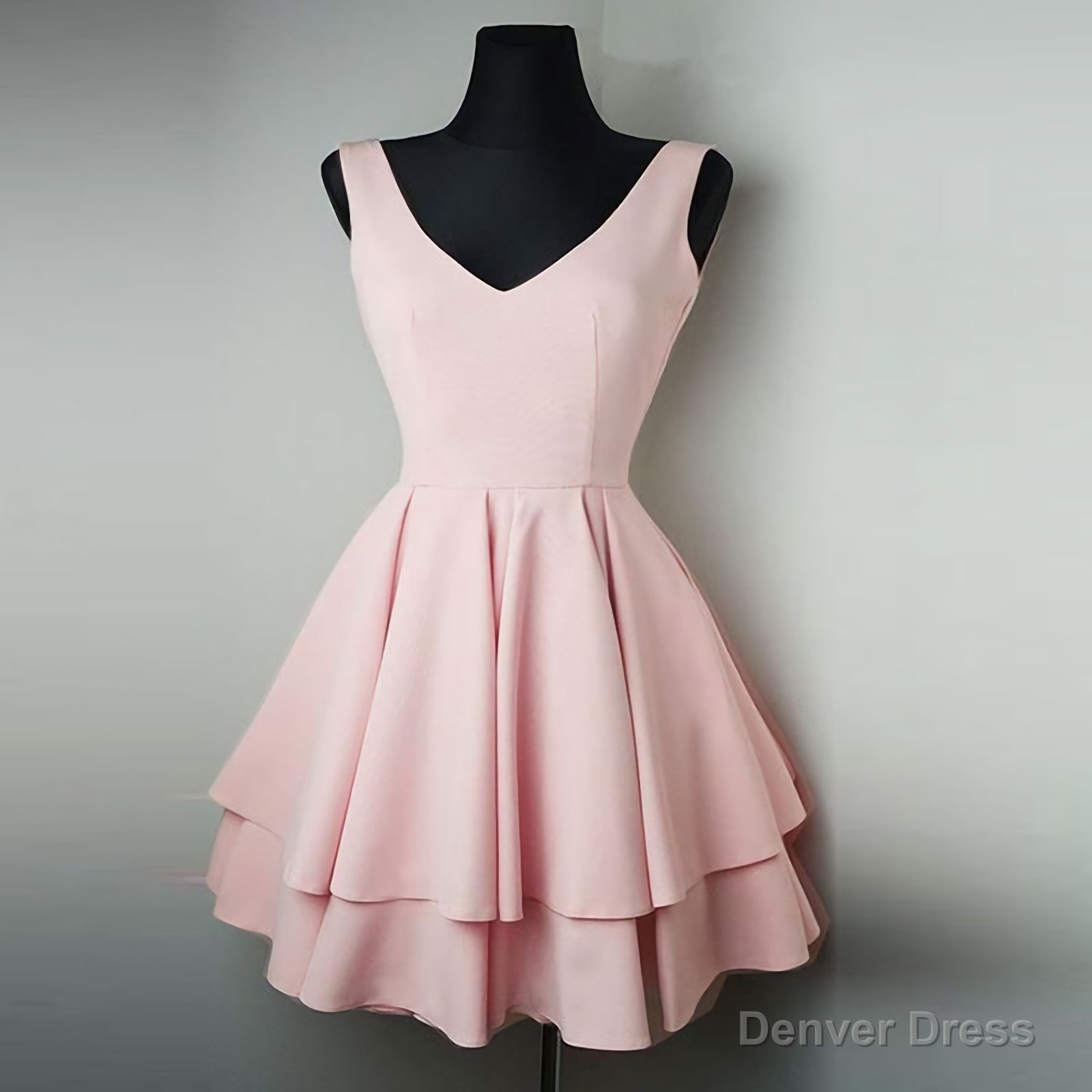 V Neck Sleeveless Simple A Line Tiered Pleated Satin Charming Homecoming Dresses Secondary image