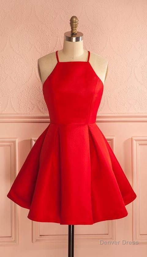 Sleeveless Red Halter Spaghetti Straps A Line Pleated Satin Short Homecoming Dresses Main image