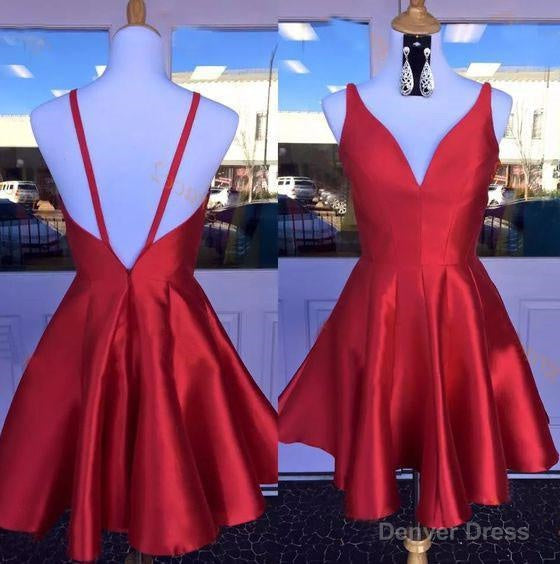 Deep V Neck Red Straps Backless Sleeveless A Line Satin Pleated Homecoming Dresses Main image