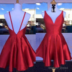 Deep V Neck Red Straps Backless Sleeveless A Line Satin Pleated Homecoming Dresses