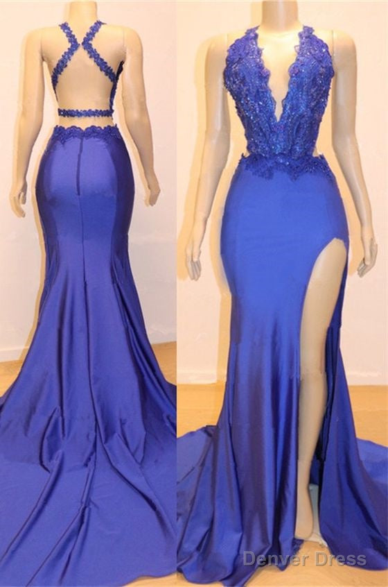 Amazing Sheath Side Slit Royal Blue V Neck Backless Lace Prom Dresses 2026 Main image